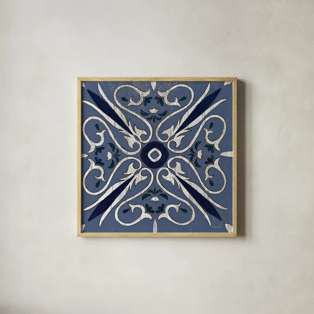 Oxford I Indigo and Cream by Silvia Vassileva. Shown in a natural wood glass frame for a timeless modern aesthetic. Available as an archival giclee rolled canvas, fine art paper, or poster print. SKU 29278a.