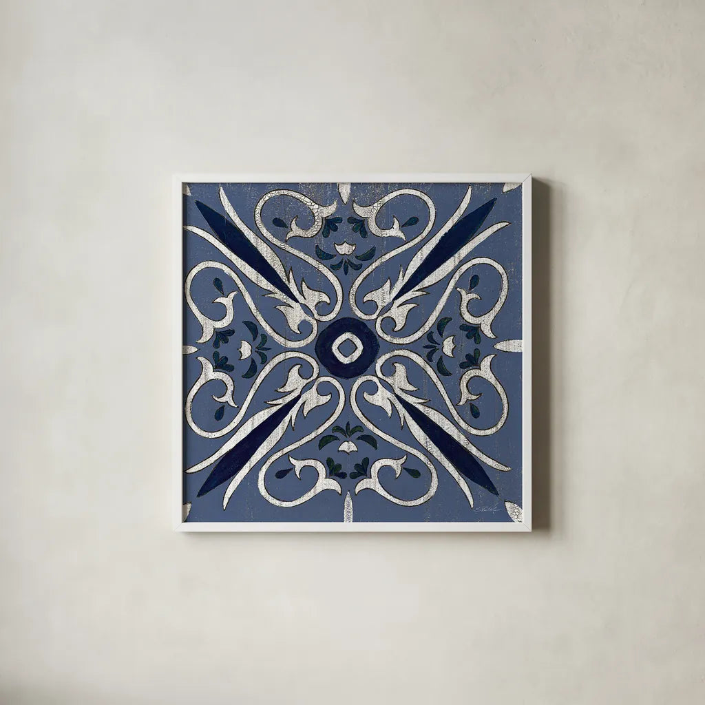Oxford I Indigo and Cream by Silvia Vassileva. Shown in a crisp white glass frame for a clean and minimalist style. Available as an archival giclee rolled canvas, fine art paper, or poster print. SKU 29278a.