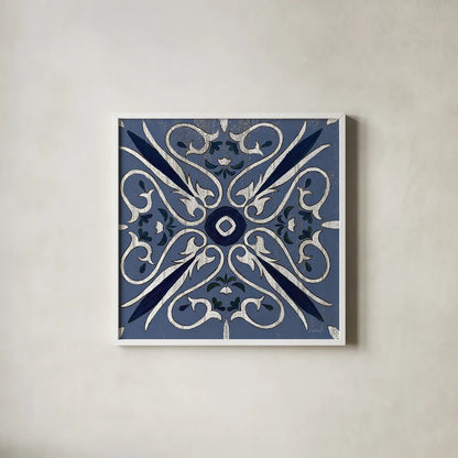 Oxford I Indigo and Cream by Silvia Vassileva. Shown in a crisp white glass frame for a clean and minimalist style. Available as an archival giclee rolled canvas, fine art paper, or poster print. SKU 29278a.