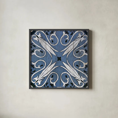 Oxford II Indigo and Cream by Silvia Vassileva. Shown in a sleek black glass frame for a contemporary gallery look. Available as an archival giclee rolled canvas, fine art paper, or poster print. SKU 29279a.