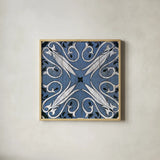 Oxford II Indigo and Cream by Silvia Vassileva. Shown in a natural wood glass frame for a timeless modern aesthetic. Available as an archival giclee rolled canvas, fine art paper, or poster print. SKU 29279a.