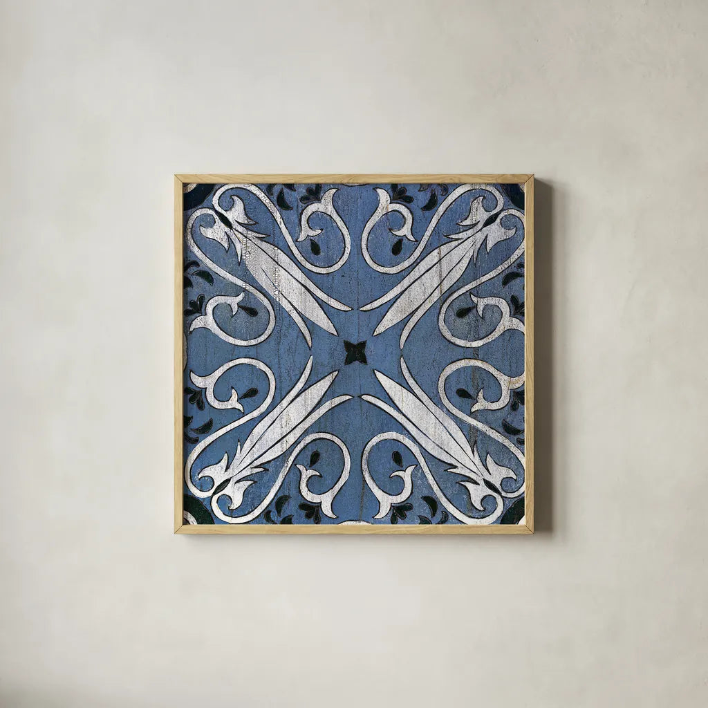 Oxford II Indigo and Cream by Silvia Vassileva. Shown in a natural wood glass frame for a timeless modern aesthetic. Available as an archival giclee rolled canvas, fine art paper, or poster print. SKU 29279a.