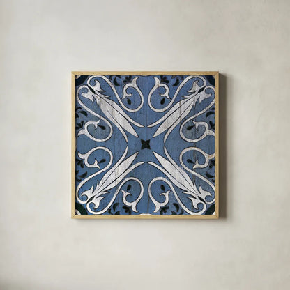 Oxford II Indigo and Cream by Silvia Vassileva. Shown in a natural wood glass frame for a timeless modern aesthetic. Available as an archival giclee rolled canvas, fine art paper, or poster print. SKU 29279a.