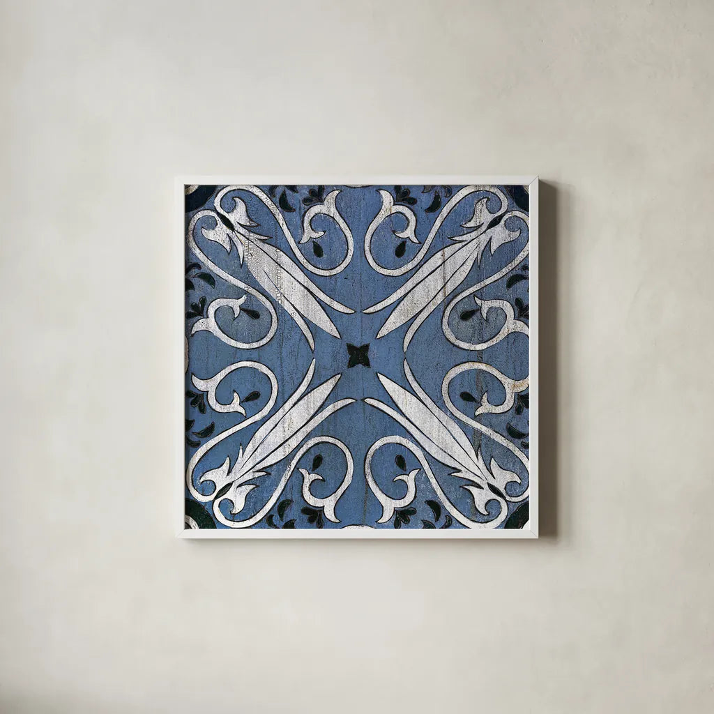 Oxford II Indigo and Cream by Silvia Vassileva. Shown in a crisp white glass frame for a clean and minimalist style. Available as an archival giclee rolled canvas, fine art paper, or poster print. SKU 29279a.