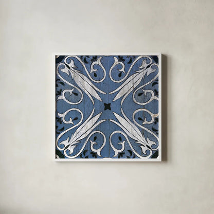 Oxford II Indigo and Cream by Silvia Vassileva. Shown in a crisp white glass frame for a clean and minimalist style. Available as an archival giclee rolled canvas, fine art paper, or poster print. SKU 29279a.