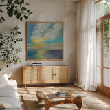 Pacific Light by Silvia Vassileva. Shown in a natural wood frame in a cozy modern living room. Available as an archival giclee rolled canvas, fine art paper, or poster print. SKU 80856a.