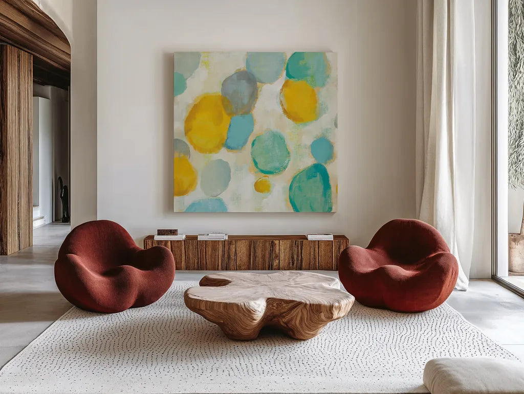 Painted Pebbles II by Silvia Vassileva. Shown as extra-large giant wall art in a modern living room. Available as an archival giclee rolled canvas, fine art paper, or poster print. SKU 22334a.