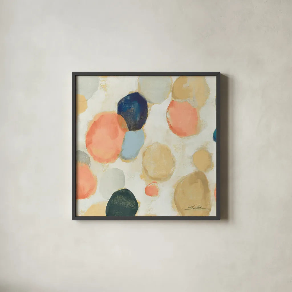 Painted Pebbles II Boho by Silvia Vassileva. Shown in a sleek black glass frame for a contemporary gallery look. Available as an archival giclee rolled canvas, fine art paper, or poster print. SKU 67875a.