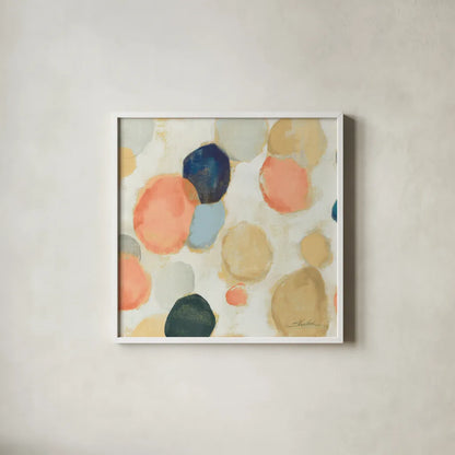 Painted Pebbles II Boho by Silvia Vassileva. Shown in a crisp white glass frame for a clean and minimalist style. Available as an archival giclee rolled canvas, fine art paper, or poster print. SKU 67875a.