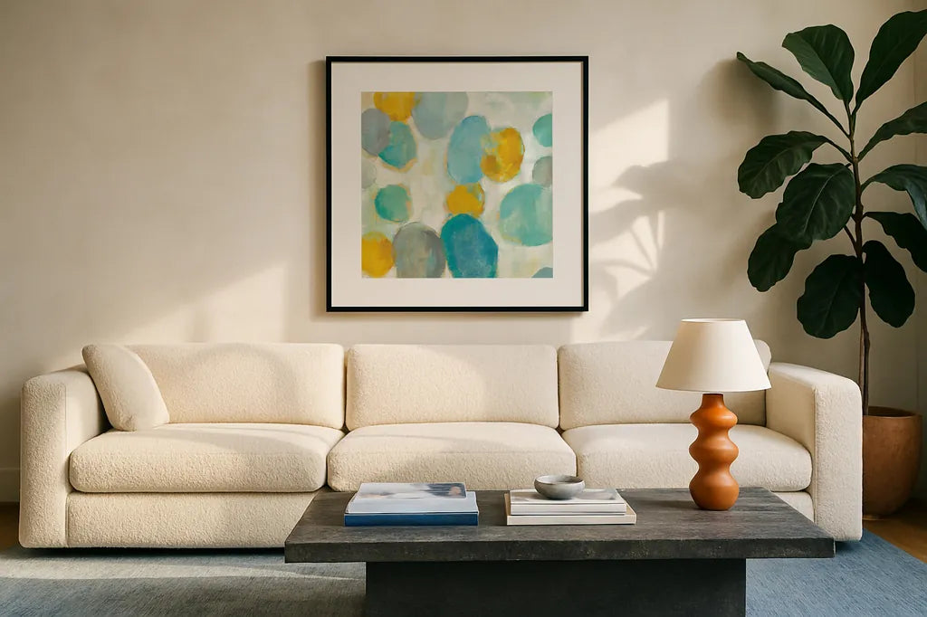 Painted Pebbles III by Silvia Vassileva. Displayed in a glass frame with matte in a clean modern living room. Available as an archival giclee rolled canvas, fine art paper, or poster print. SKU 22335a.