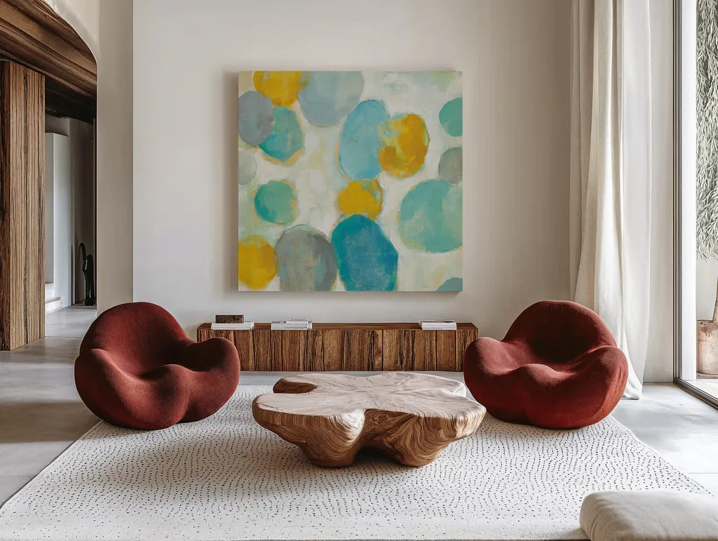 Painted Pebbles III by Silvia Vassileva. Shown as extra-large giant wall art in a modern living room. Available as an archival giclee rolled canvas, fine art paper, or poster print. SKU 22335a.