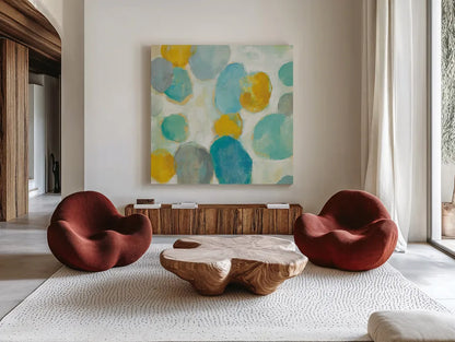 Painted Pebbles III by Silvia Vassileva. Shown as extra-large giant wall art in a modern living room. Available as an archival giclee rolled canvas, fine art paper, or poster print. SKU 22335a.
