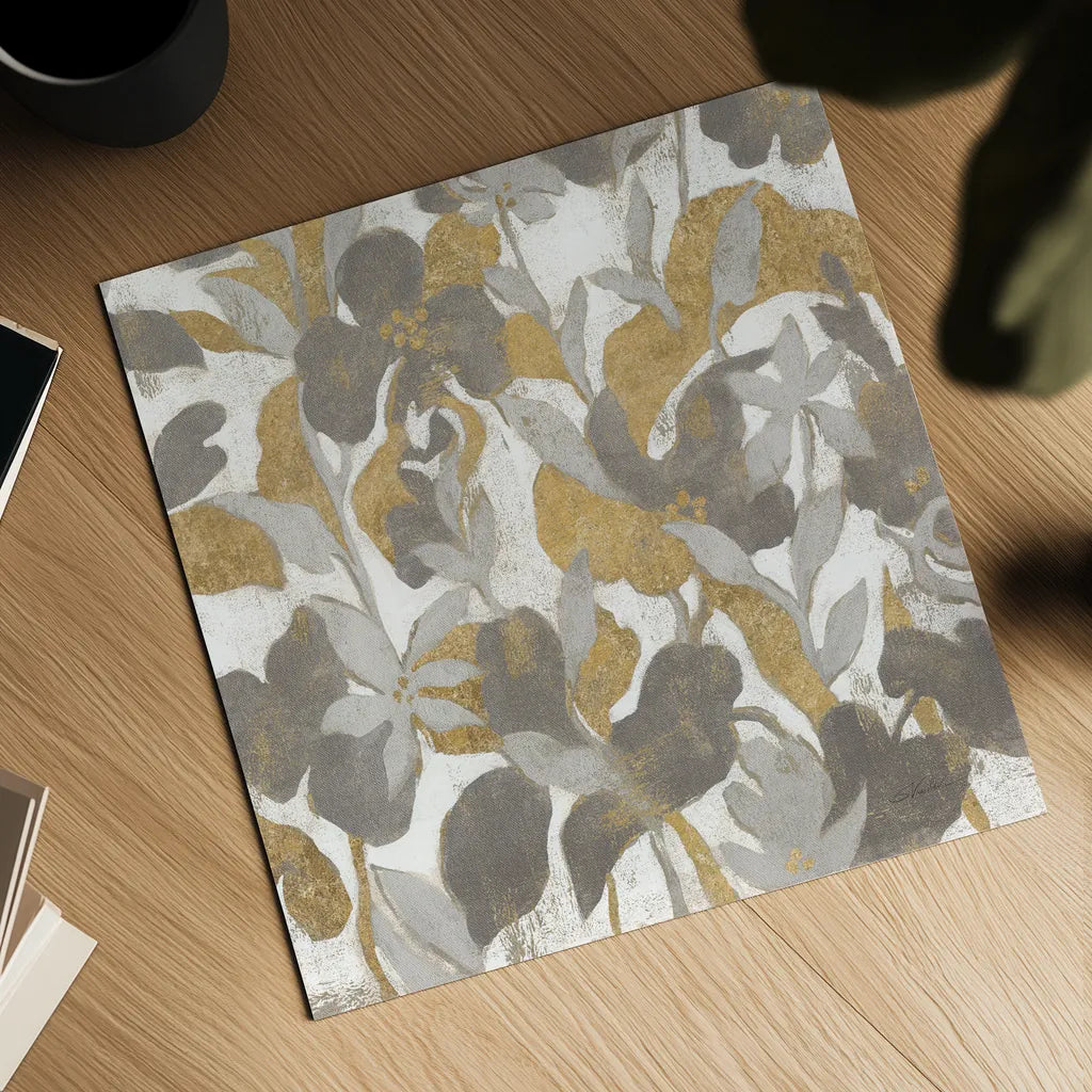 Painted Tropical Screen II Gray Gold Crop by Silvia Vassileva. Shown as a detailed flat fine art print, highlighting archival giclee quality. Available as an archival giclee rolled canvas, fine art paper, or poster print. SKU 36148a.