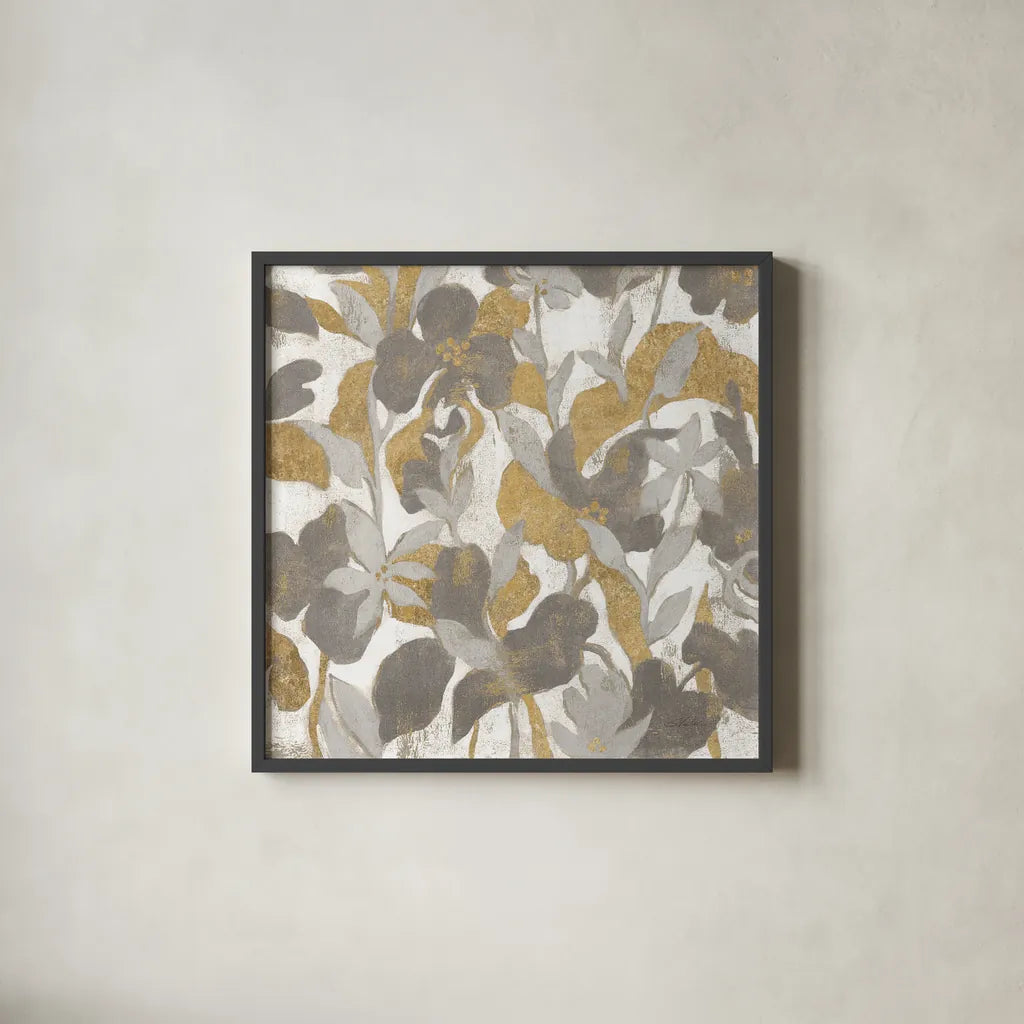 Painted Tropical Screen II Gray Gold Crop by Silvia Vassileva. Shown in a sleek black glass frame for a contemporary gallery look. Available as an archival giclee rolled canvas, fine art paper, or poster print. SKU 36148a.
