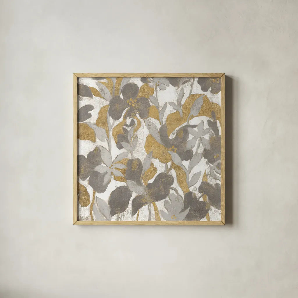 Painted Tropical Screen II Gray Gold Crop by Silvia Vassileva. Shown in a natural wood glass frame for a timeless modern aesthetic. Available as an archival giclee rolled canvas, fine art paper, or poster print. SKU 36148a.
