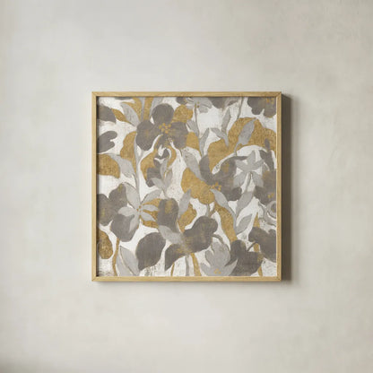 Painted Tropical Screen II Gray Gold Crop by Silvia Vassileva. Shown in a natural wood glass frame for a timeless modern aesthetic. Available as an archival giclee rolled canvas, fine art paper, or poster print. SKU 36148a.