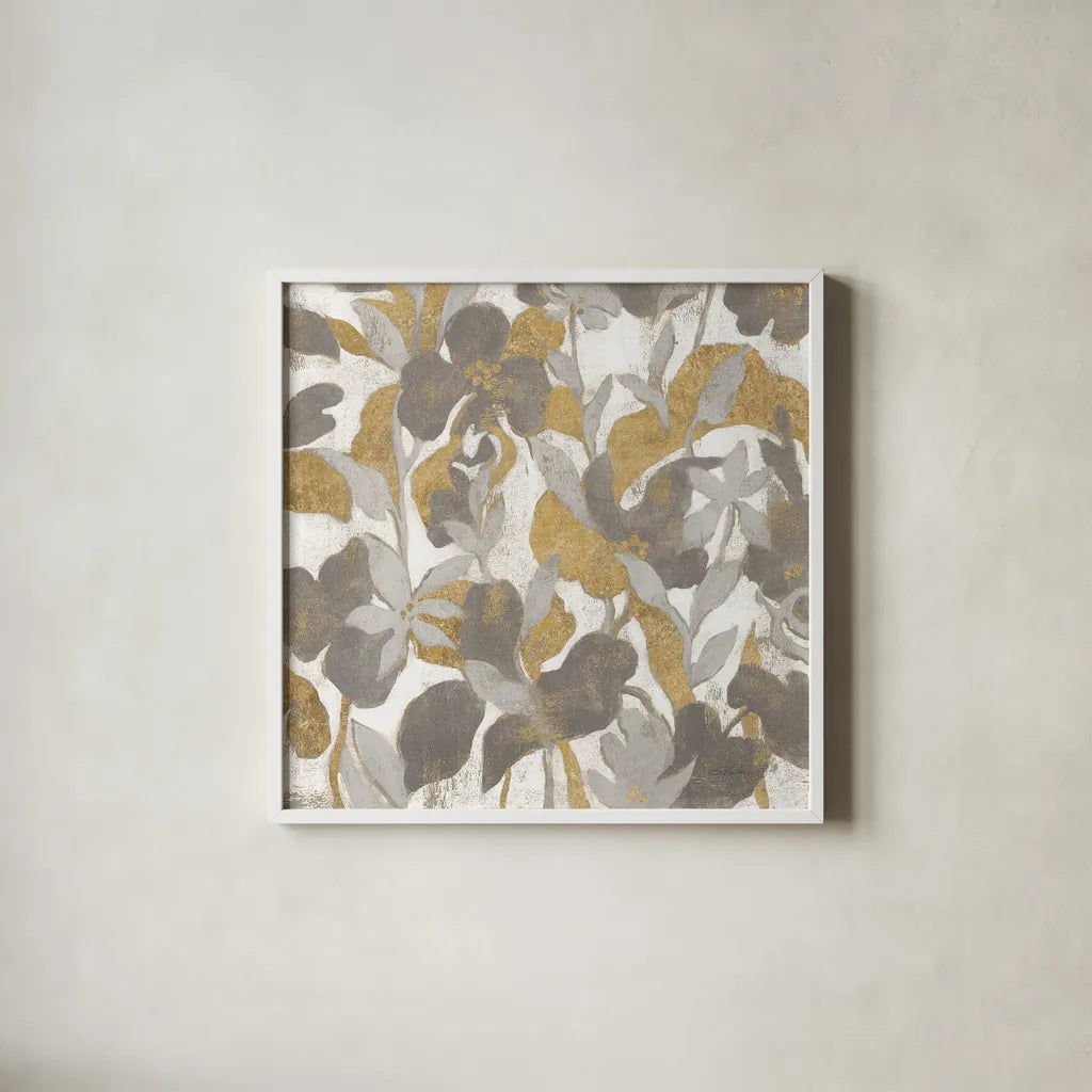 Painted Tropical Screen II Gray Gold Crop by Silvia Vassileva. Shown in a crisp white glass frame for a clean and minimalist style. Available as an archival giclee rolled canvas, fine art paper, or poster print. SKU 36148a.