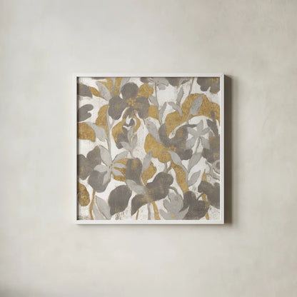 Painted Tropical Screen II Gray Gold Crop by Silvia Vassileva. Shown in a crisp white glass frame for a clean and minimalist style. Available as an archival giclee rolled canvas, fine art paper, or poster print. SKU 36148a.