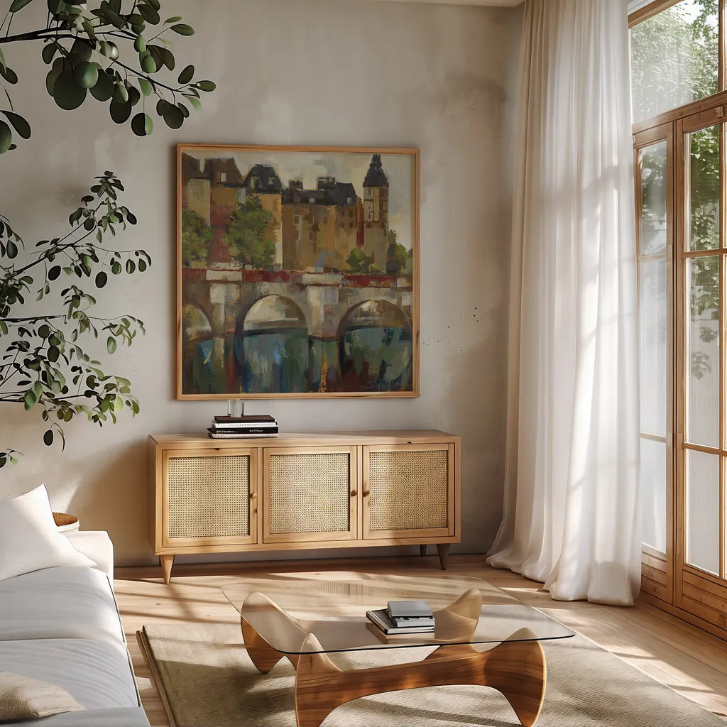 Paris  Late Summer II by Silvia Vassileva. Shown in a natural wood frame in a cozy modern living room. Available as an archival giclee rolled canvas, fine art paper, or poster print. SKU 3792a.