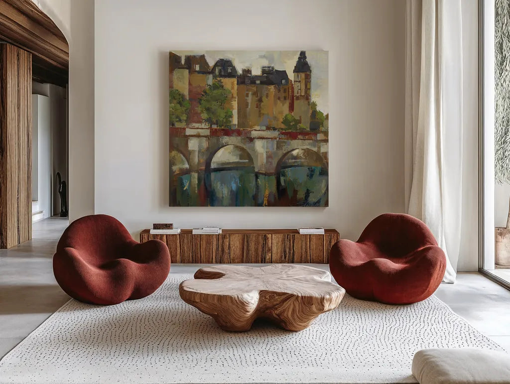 Paris  Late Summer II by Silvia Vassileva. Shown as extra-large giant wall art in a modern living room. Available as an archival giclee rolled canvas, fine art paper, or poster print. SKU 3792a.