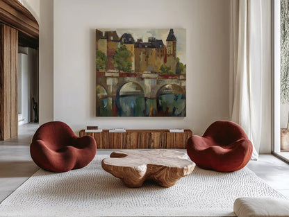 Paris  Late Summer II by Silvia Vassileva. Shown as extra-large giant wall art in a modern living room. Available as an archival giclee rolled canvas, fine art paper, or poster print. SKU 3792a.