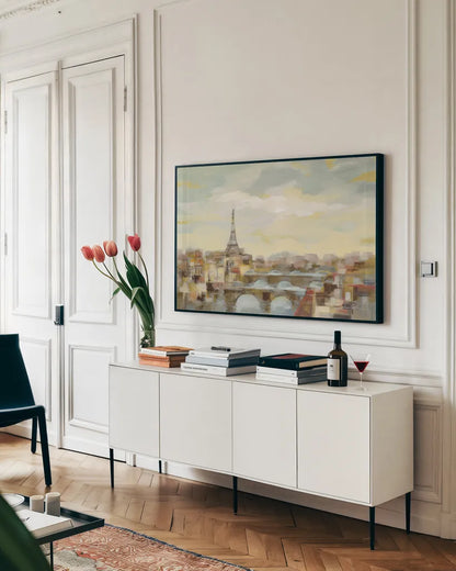 Paris Afternoon by Silvia Vassileva. shown as a framed stretched canvas in a living room above a console. Available as a archival giclee rolled canvas, fine art paper, or poster print. SKU 70484i.