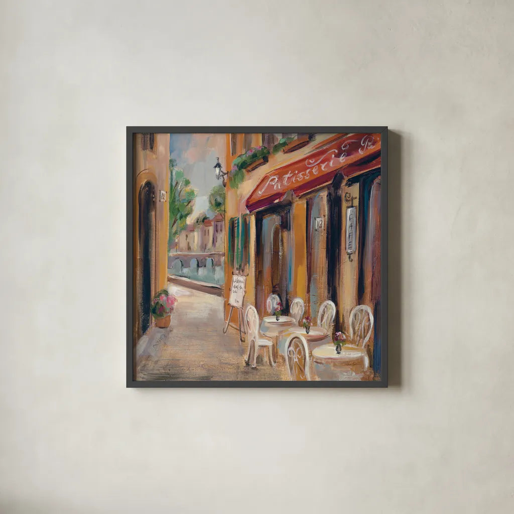 Parisian Diary I by Silvia Vassileva. Shown in a sleek black glass frame for a contemporary gallery look. Available as an archival giclee rolled canvas, fine art paper, or poster print. SKU 9721a.