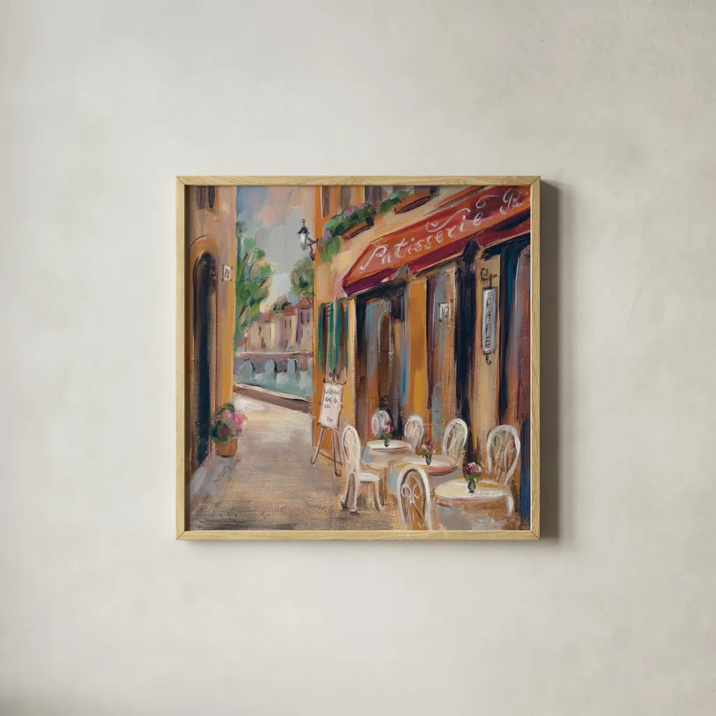 Parisian Diary I by Silvia Vassileva. Shown in a natural wood glass frame for a timeless modern aesthetic. Available as an archival giclee rolled canvas, fine art paper, or poster print. SKU 9721a.