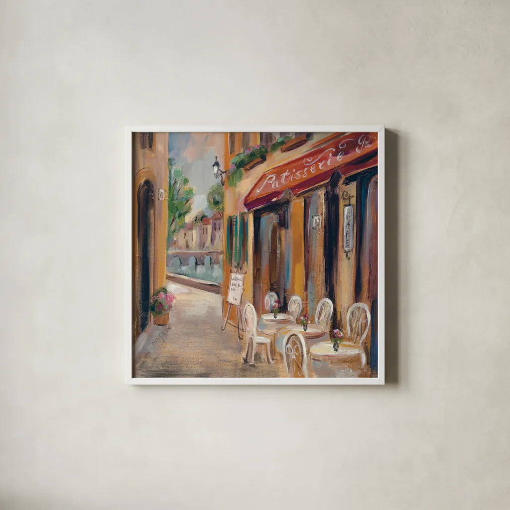 Parisian Diary I by Silvia Vassileva. Shown in a crisp white glass frame for a clean and minimalist style. Available as an archival giclee rolled canvas, fine art paper, or poster print. SKU 9721a.