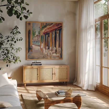 Parisian Diary I by Silvia Vassileva. Shown in a natural wood frame in a cozy modern living room. Available as an archival giclee rolled canvas, fine art paper, or poster print. SKU 9721a.