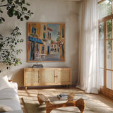 Parisian Diary III by Silvia Vassileva. Shown in a natural wood frame in a cozy modern living room. Available as an archival giclee rolled canvas, fine art paper, or poster print. SKU 9723a.