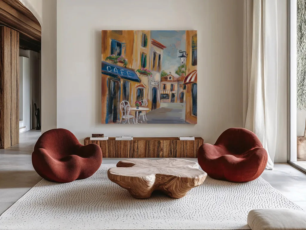 Parisian Diary III by Silvia Vassileva. Shown as extra-large giant wall art in a modern living room. Available as an archival giclee rolled canvas, fine art paper, or poster print. SKU 9723a.