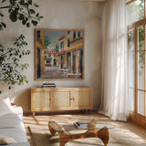 Parisian Diary IV by Silvia Vassileva. Shown in a natural wood frame in a cozy modern living room. Available as an archival giclee rolled canvas, fine art paper, or poster print. SKU 9724a.