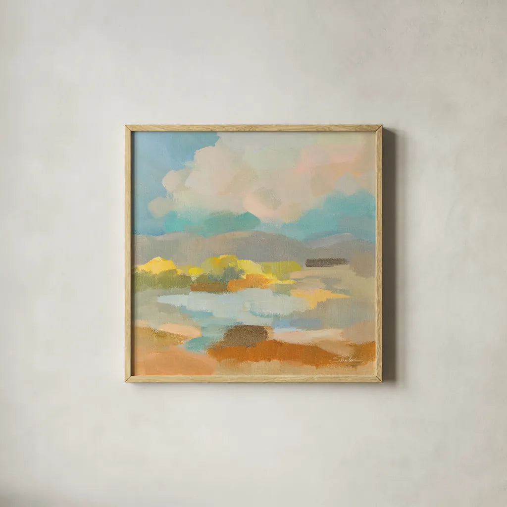 Pastel Cloud I by Silvia Vassileva. Shown in a natural wood glass frame for a timeless modern aesthetic. Available as an archival giclee rolled canvas, fine art paper, or poster print. SKU 84805a.