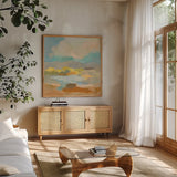 Pastel Cloud I by Silvia Vassileva. Shown in a natural wood frame in a cozy modern living room. Available as an archival giclee rolled canvas, fine art paper, or poster print. SKU 84805a.