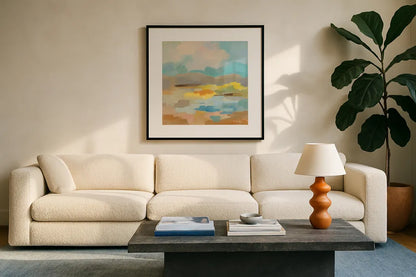 Pastel Cloud II by Silvia Vassileva. Displayed in a glass frame with matte in a clean modern living room. Available as an archival giclee rolled canvas, fine art paper, or poster print. SKU 84806a.