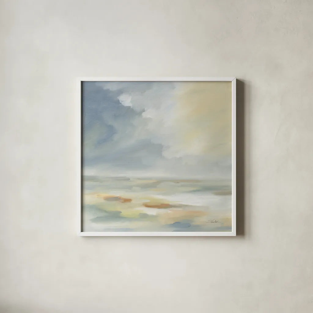 Pastel Clouds by Silvia Vassileva. Shown in a crisp white glass frame for a clean and minimalist style. Available as an archival giclee rolled canvas, fine art paper, or poster print. SKU 77110a.
