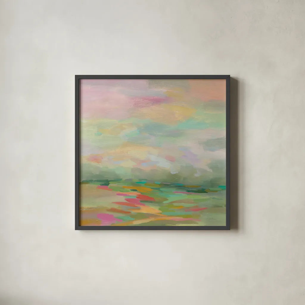 Pastel Fields by Silvia Vassileva. Shown in a sleek black glass frame for a contemporary gallery look. Available as an archival giclee rolled canvas, fine art paper, or poster print. SKU 27121a.