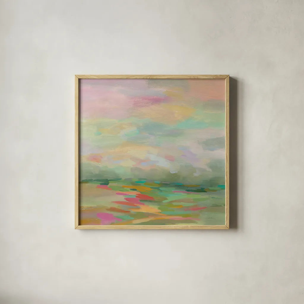 Pastel Fields by Silvia Vassileva. Shown in a natural wood glass frame for a timeless modern aesthetic. Available as an archival giclee rolled canvas, fine art paper, or poster print. SKU 27121a.
