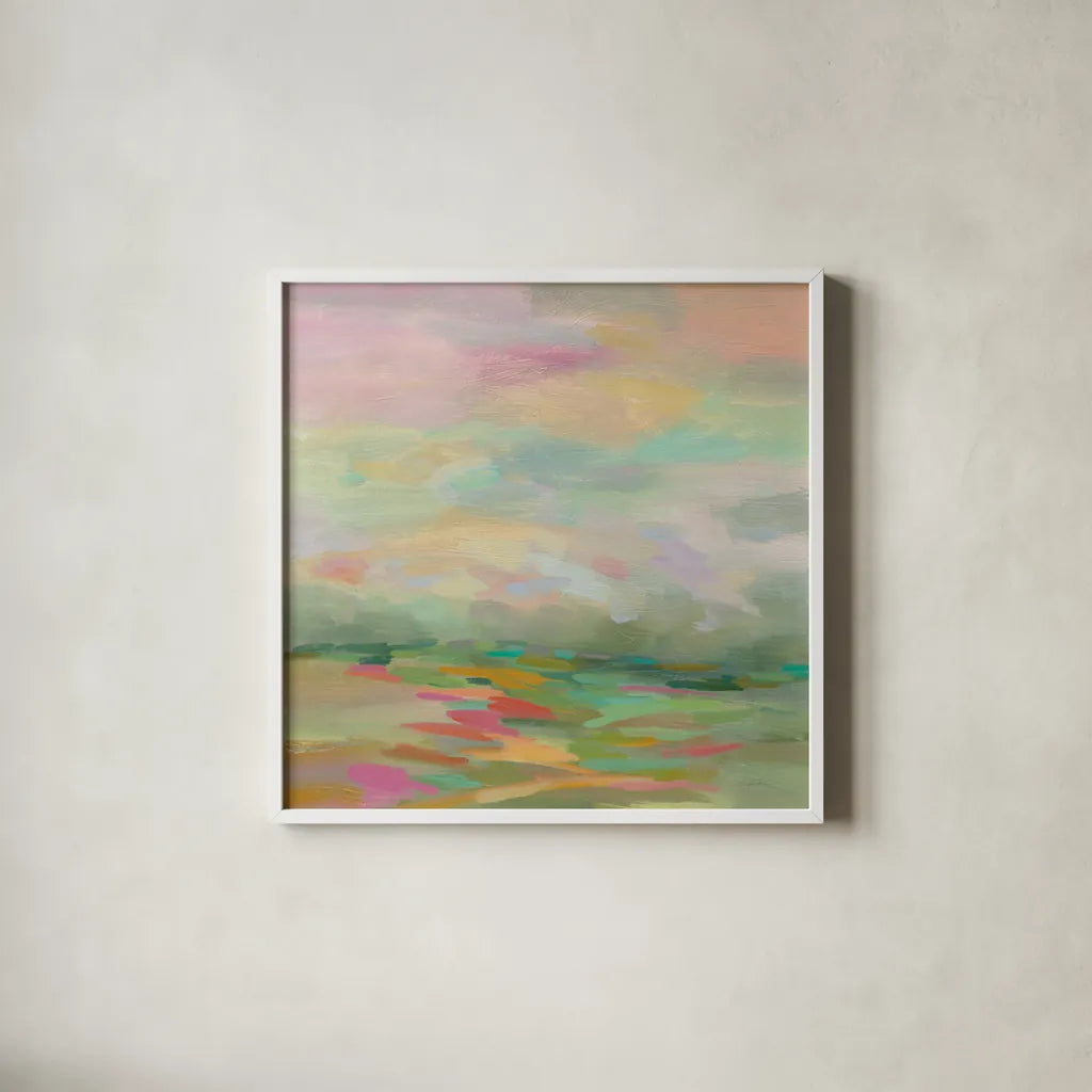 Pastel Fields by Silvia Vassileva. Shown in a crisp white glass frame for a clean and minimalist style. Available as an archival giclee rolled canvas, fine art paper, or poster print. SKU 27121a.