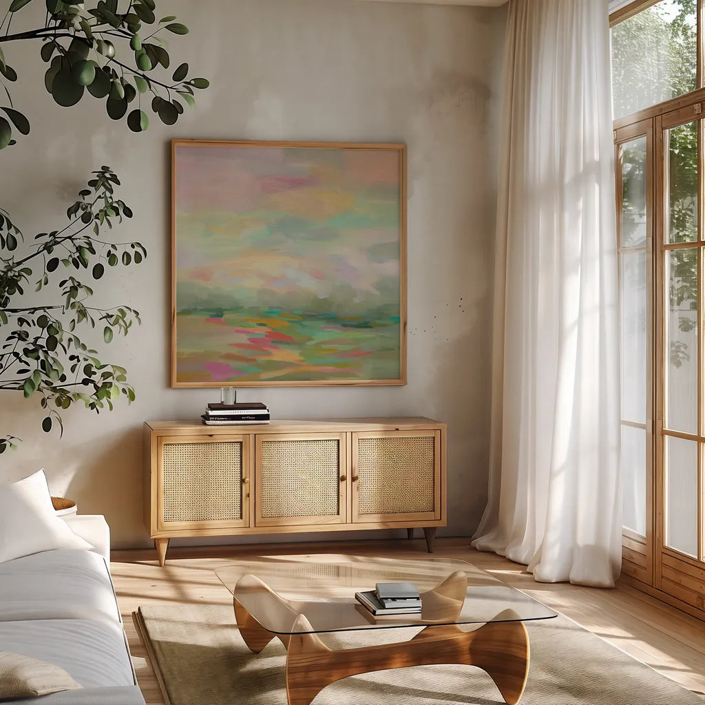 Pastel Fields by Silvia Vassileva. Shown in a natural wood frame in a cozy modern living room. Available as an archival giclee rolled canvas, fine art paper, or poster print. SKU 27121a.