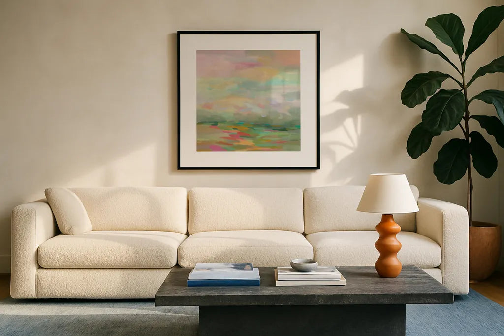 Pastel Fields by Silvia Vassileva. Displayed in a glass frame with matte in a clean modern living room. Available as an archival giclee rolled canvas, fine art paper, or poster print. SKU 27121a.
