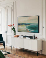Pastel Lake by Silvia Vassileva. shown as a framed stretched canvas in a living room above a console. Available as a archival giclee rolled canvas, fine art paper, or poster print. SKU 79884i.