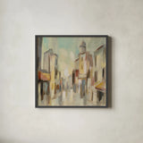 Pastel Street I by Silvia Vassileva. Shown in a sleek black glass frame for a contemporary gallery look. Available as an archival giclee rolled canvas, fine art paper, or poster print. SKU 70142a.