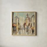 Pastel Street I by Silvia Vassileva. Shown in a natural wood glass frame for a timeless modern aesthetic. Available as an archival giclee rolled canvas, fine art paper, or poster print. SKU 70142a.
