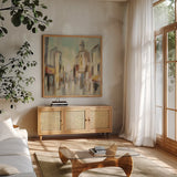 Pastel Street I by Silvia Vassileva. Shown in a natural wood frame in a cozy modern living room. Available as an archival giclee rolled canvas, fine art paper, or poster print. SKU 70142a.