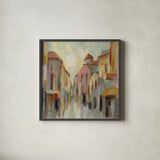 Pastel Street II by Silvia Vassileva. Shown in a sleek black glass frame for a contemporary gallery look. Available as an archival giclee rolled canvas, fine art paper, or poster print. SKU 70143a.
