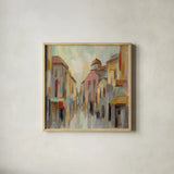 Pastel Street II by Silvia Vassileva. Shown in a natural wood glass frame for a timeless modern aesthetic. Available as an archival giclee rolled canvas, fine art paper, or poster print. SKU 70143a.