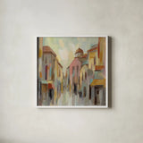 Pastel Street II by Silvia Vassileva. Shown in a crisp white glass frame for a clean and minimalist style. Available as an archival giclee rolled canvas, fine art paper, or poster print. SKU 70143a.