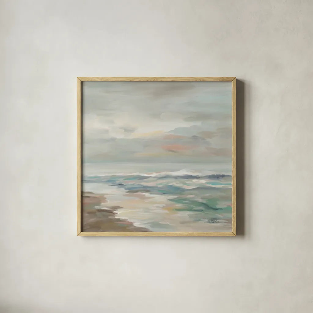 Pastel Tide by Silvia Vassileva. Shown in a natural wood glass frame for a timeless modern aesthetic. Available as an archival giclee rolled canvas, fine art paper, or poster print. SKU 70144a.